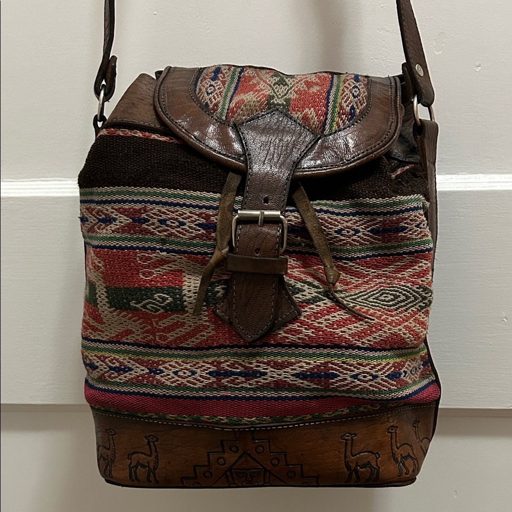Moroccan Bag Brown Leather Green Suede Crossbody Camel Inlay Bohemian Festival